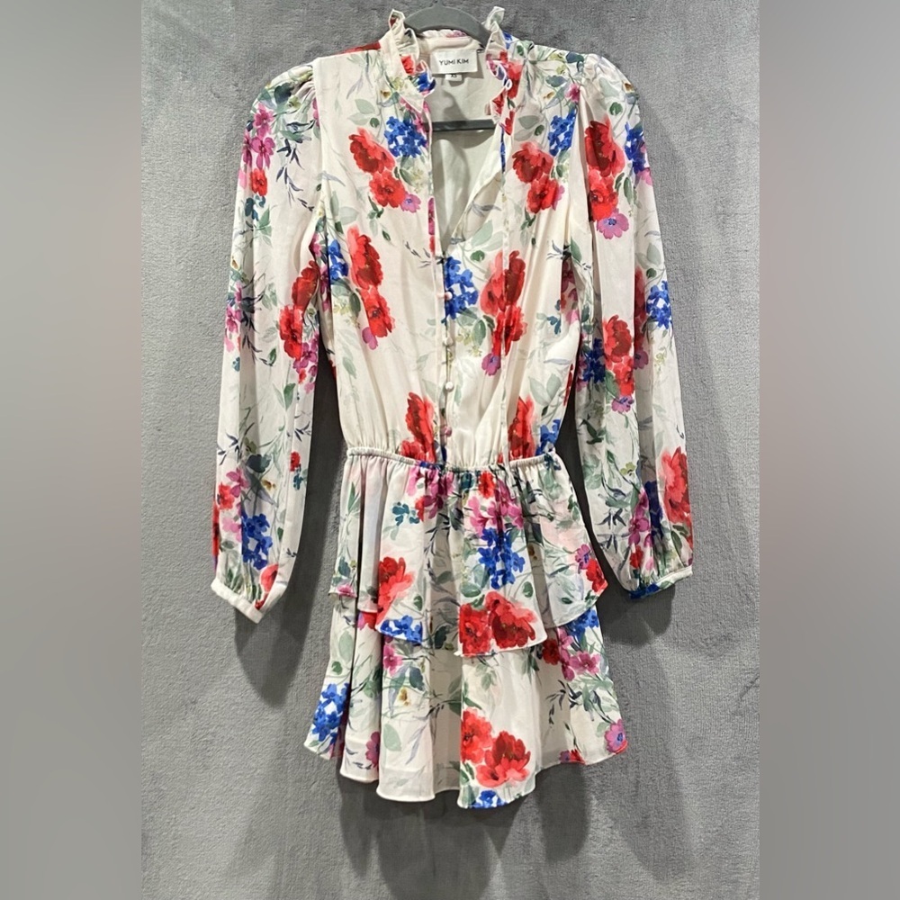 Yumi Kim Love Always Dress long sleeve floral design tiered ruffle‎ neck size XS